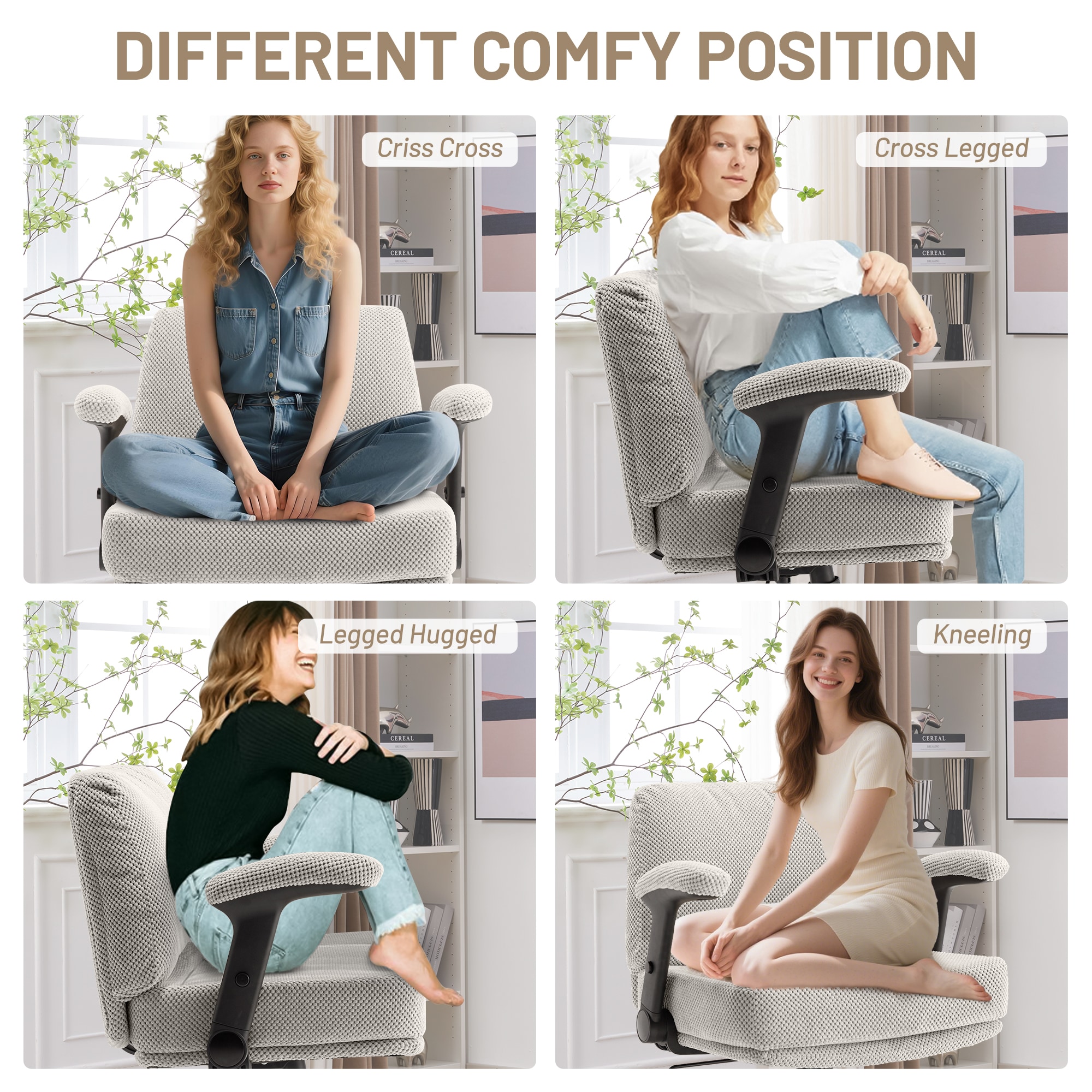 Criss Cross Chair With Wheels And Flip Arms- Comfy Fabric Cross Legged Office Chair With Thick Cushion&Wide Seat, Adjustable Swivel Desk Chair For Home Office, Apartment, Bedroom_maomaolike.com